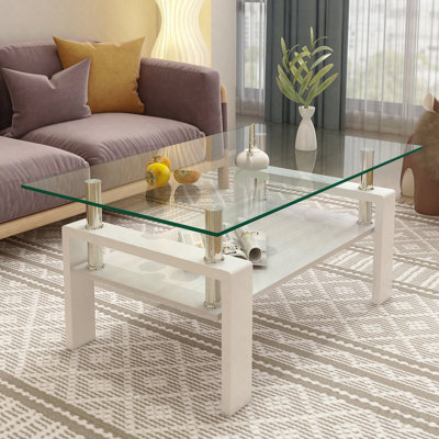 Rectangle Coffee Table, Tempered Glass Tabletop With MDF Layer, Modern Table For Living Room - Transparent Glass