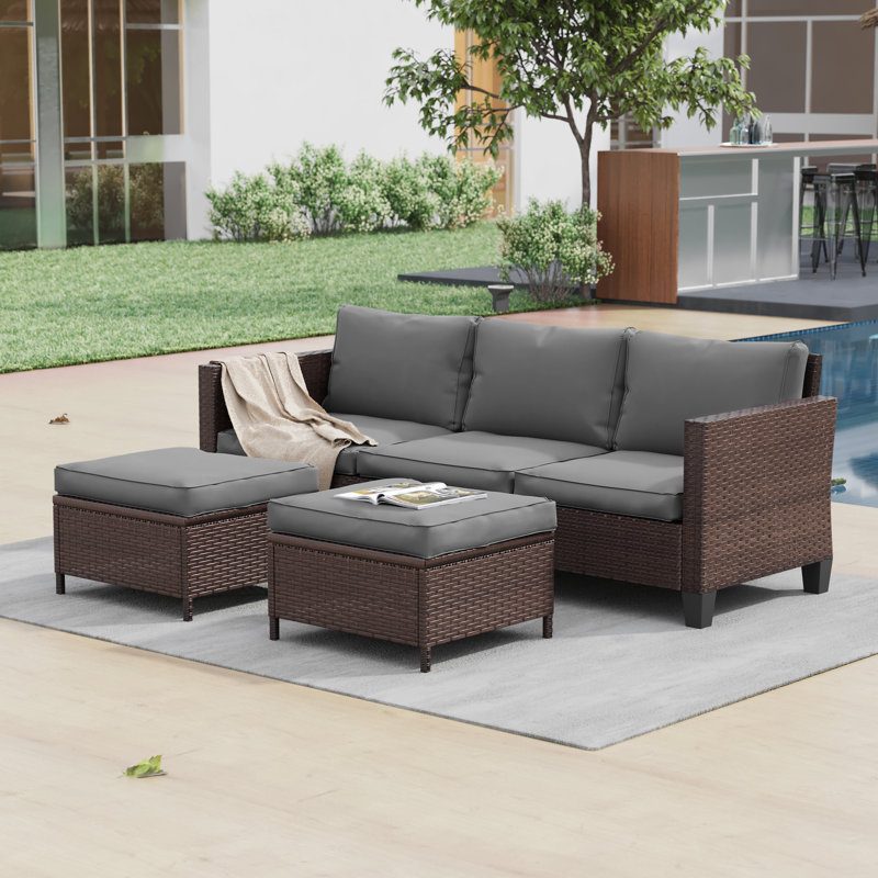 Ensemble de conversation de patio en osier pour 3 personnes avec coussins Dicotas, ensemble de meubles d'extérieur toutes saisons pour terrasse