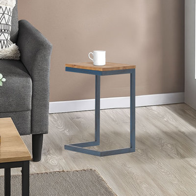 Industrial C-Shaped Side Table with Metal Frame and Wood Top