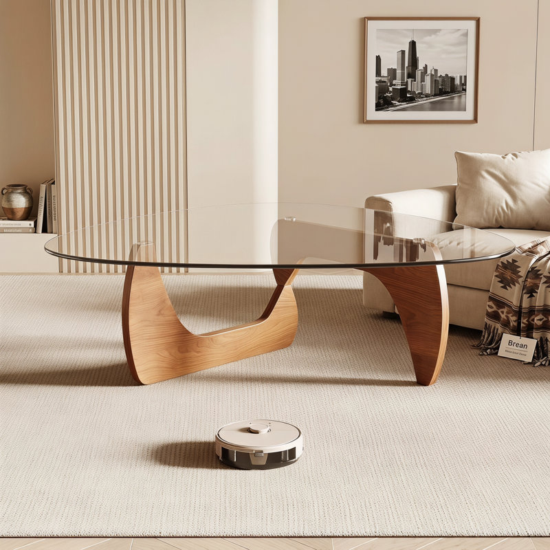 Table basse moderne, 42,5 x 28,5 x 16,1 pouces, plateau de table triangulaire en verre trempé pour le salon, ton bois naturel