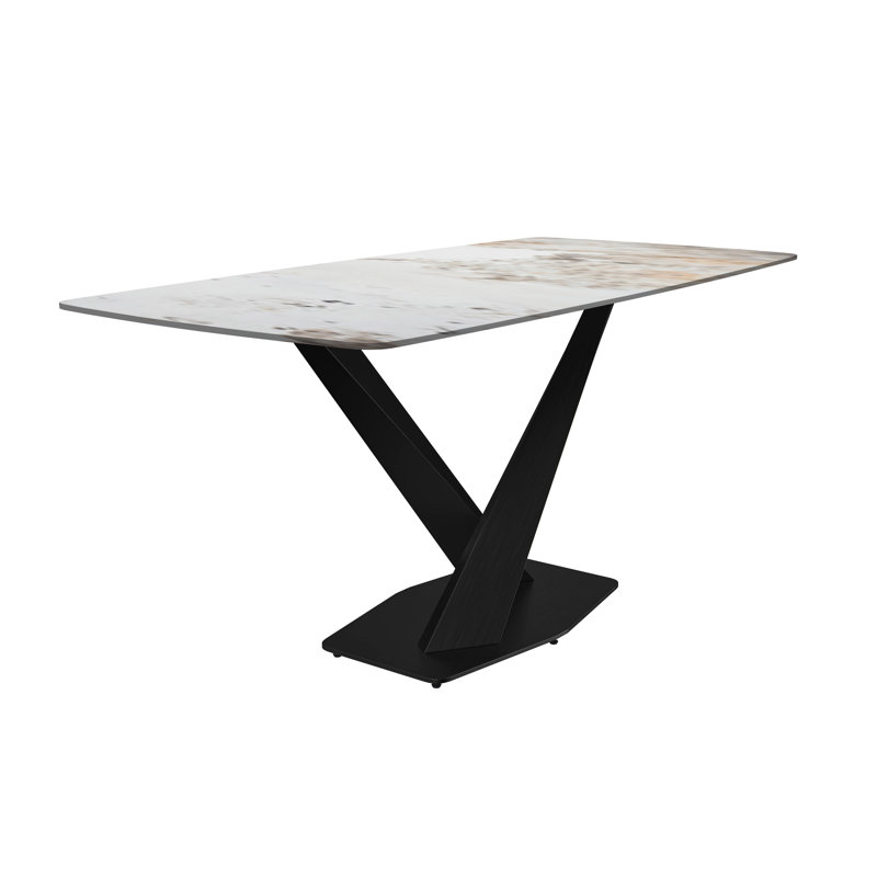 Kivah Modern Dining Table, Rectangular Sintered Stone Kitchen Table with Brushed Stainless Steel Double Pedestal Base, Contemporary Dining Room & Office Conference Furniture