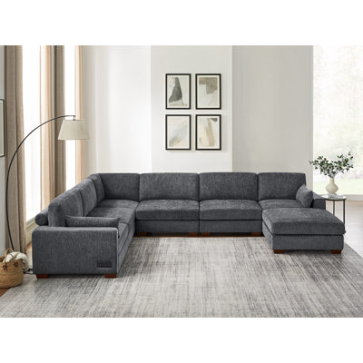 7-Piece L-Shaped Upholstered Sectional Couch With 2 USB Ports, 1 Portable Ottoman