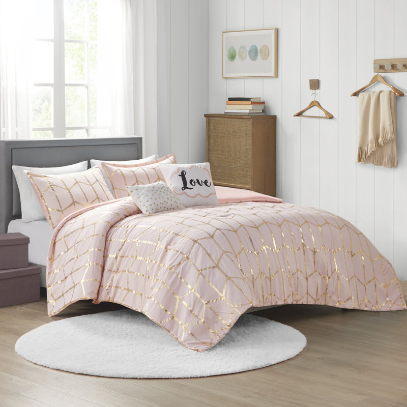 Ensemble d'édredon à imprimé métallique Raina, Édredon double / grand + 2 taies décoratives + 2, Rosé / doré