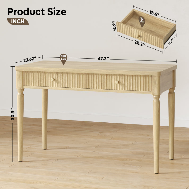47''W Solid Wood Base Writing Desk with  2- Large Storage Drawer, Arc-shaped Table Corner Design For Home And Office