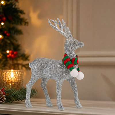 Figurines de rennes de Noël scintillantes avec écharpe tricotée, statue de cerf debout, décorations de table, décorations de rennes scintillantes pour fenêtre de manteau de cheminée