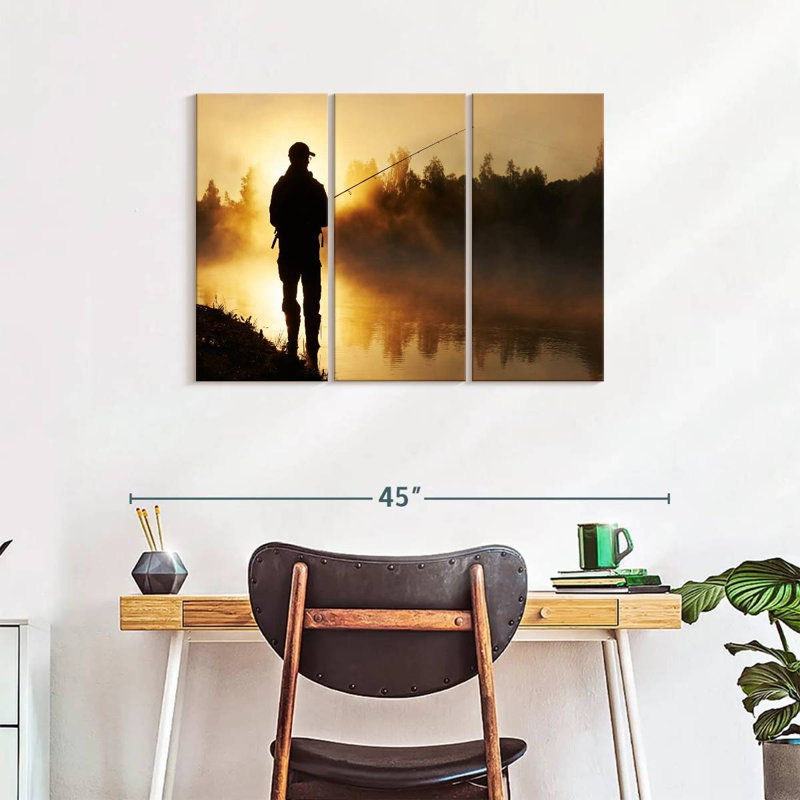 «Foggy Riverbank Fishing», 3 pièces sur toile, H 24 po x l 38 po x P 1,25 po