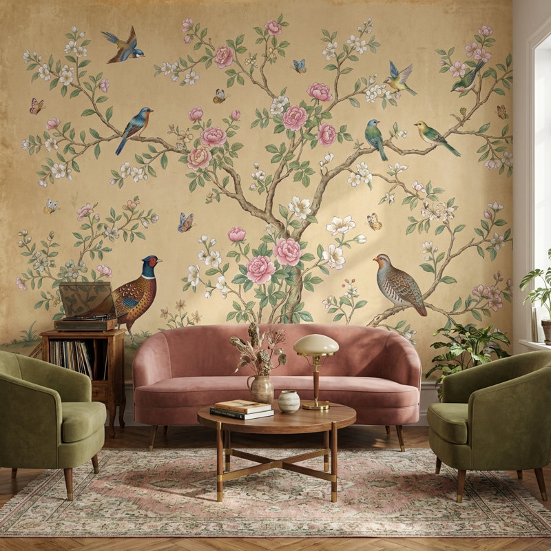 Papier peint botanique chinois discret, 80"x96", Non-Woven Nonpasted