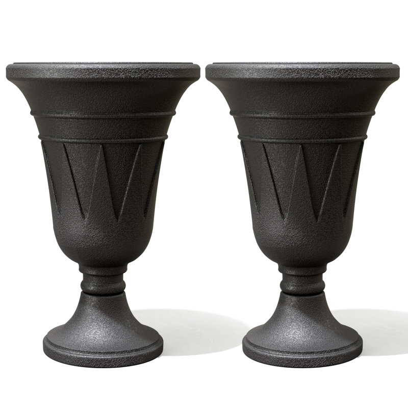 2-Pack Trophy Shaped Pedestal Planters, 23.6" Tall Outdoor Urn Flower Pots With Solid Base, Elegant Pattern, Weather-Resistant HDPE