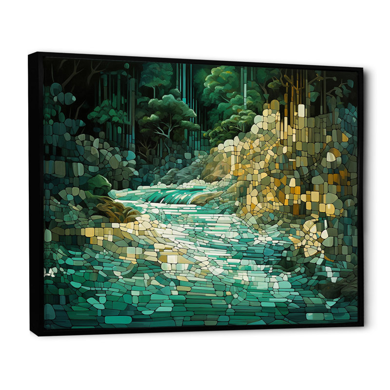 Abstrait forêt émeraude sauvage, rivière I, H 30 po x l 40 po x P 1,5 po, Cadre flottant noir