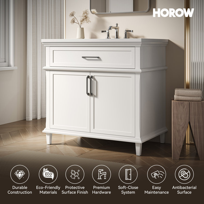 Velora 36 po Meuble-lavabo autoportant à simple cuve blanche avec plateau Everstone blanc assemblé