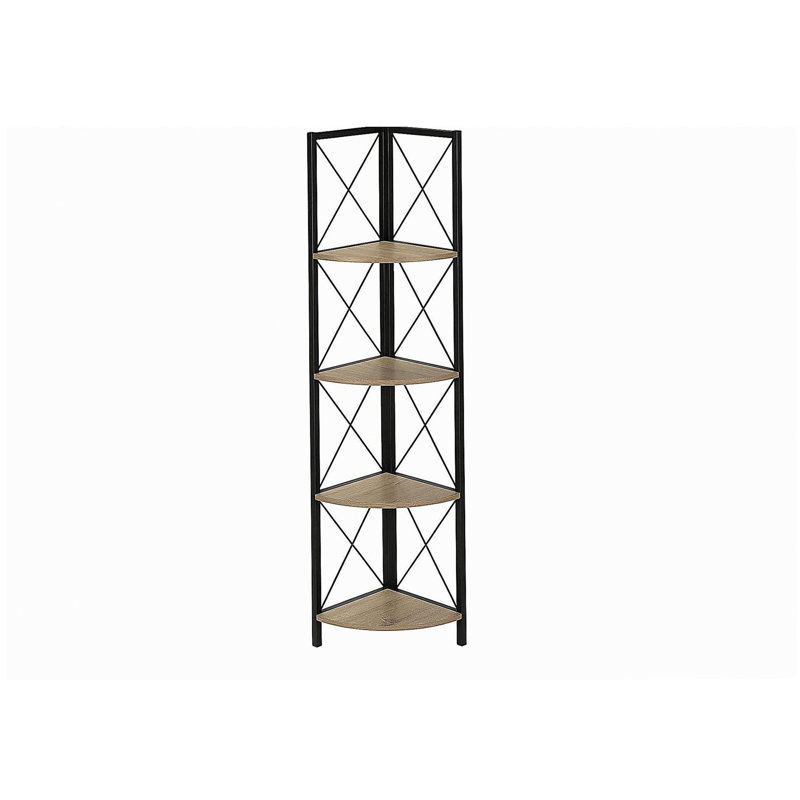 Bibliothèque d'angle à quatre couches avec tablette en éventail et structure en métal en forme de X, idéale pour les bureaux ou les chambres à coucher