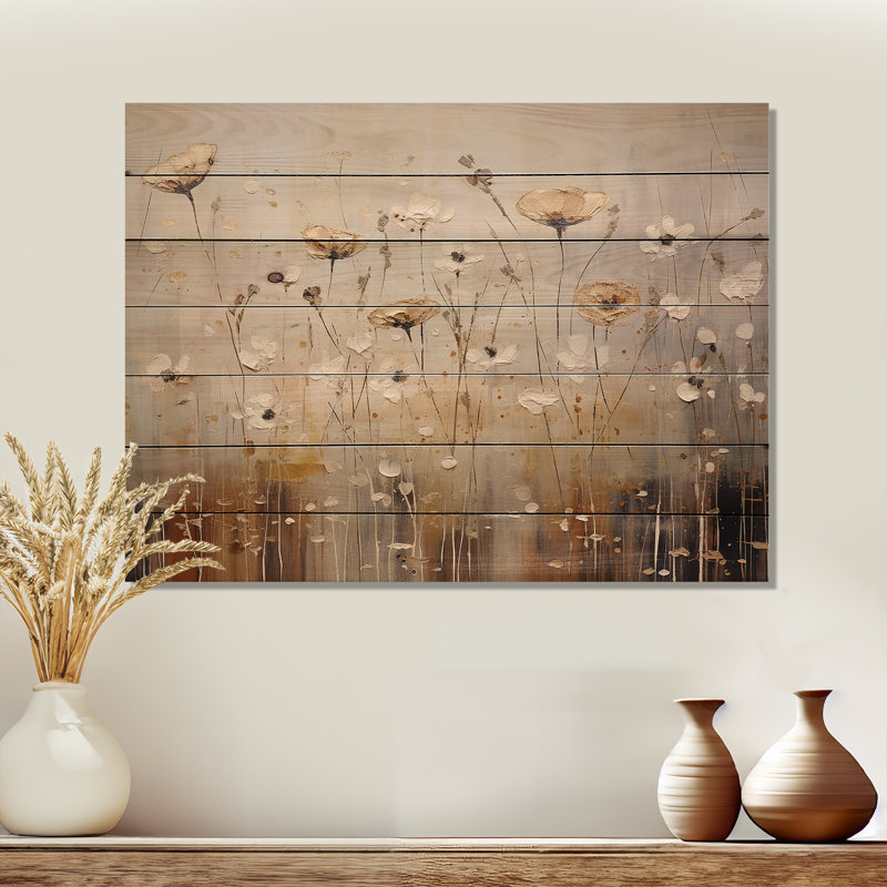 Scerene Wildflowers In Bloom - Wildflowers Wood Panel Wall Art On Natural Pine Wood, 10" H x 20" W