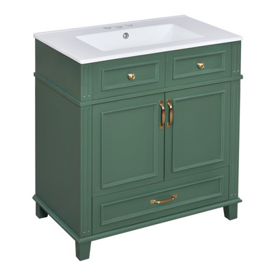 Meuble-lavabo de 30 po avec lavabo en céramique lisse, cadre en bois massif, portes, rangement dissimulé, glissière de tiroir de 30 po à poignée en métal exquis, lavabo, assemblage facile, conception unique