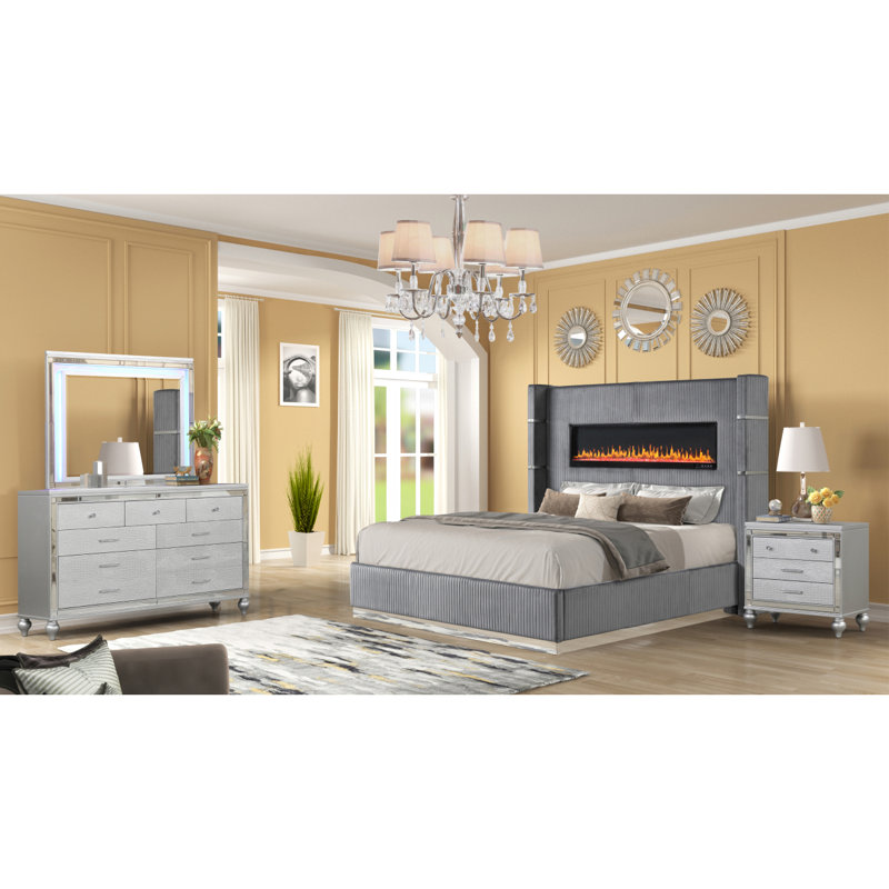 Ensemble de chambre avec très grand lit en bois 4 pièces Lizzelle Upholstery, Gris, Très grand lit