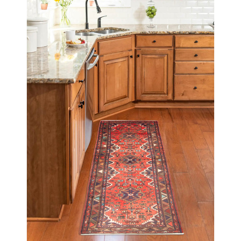 Tapis rouge en laine noué à la main 3 pi 3 po x 9 pi 6 po Anadol
