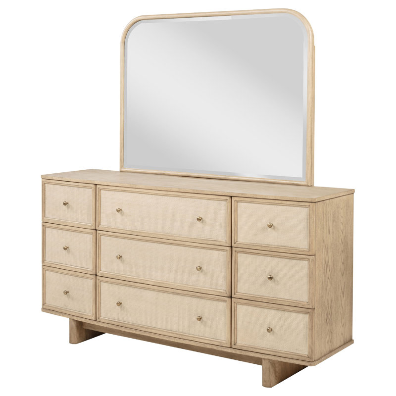 Commode large Lno avec miroir, 9 tiroirs, structure en bois de chêne beige