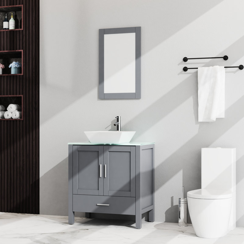 Meuble-lavabo de 30 po et lavabo, gris. Fabrication. Armoire de 18,5 po x 30 po x 31,5 po. Vaste espace de rangement. Design élégant pour miroir et comptoir en verre. Rangement spacieux à 2 portes et 1 porte. Meuble