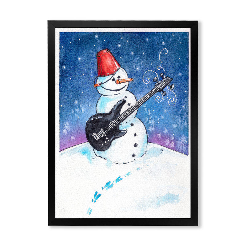 «Christmas Snowman jouant de la guitare II», reproduction d'art sur toile, Toile avec cadre photo noir