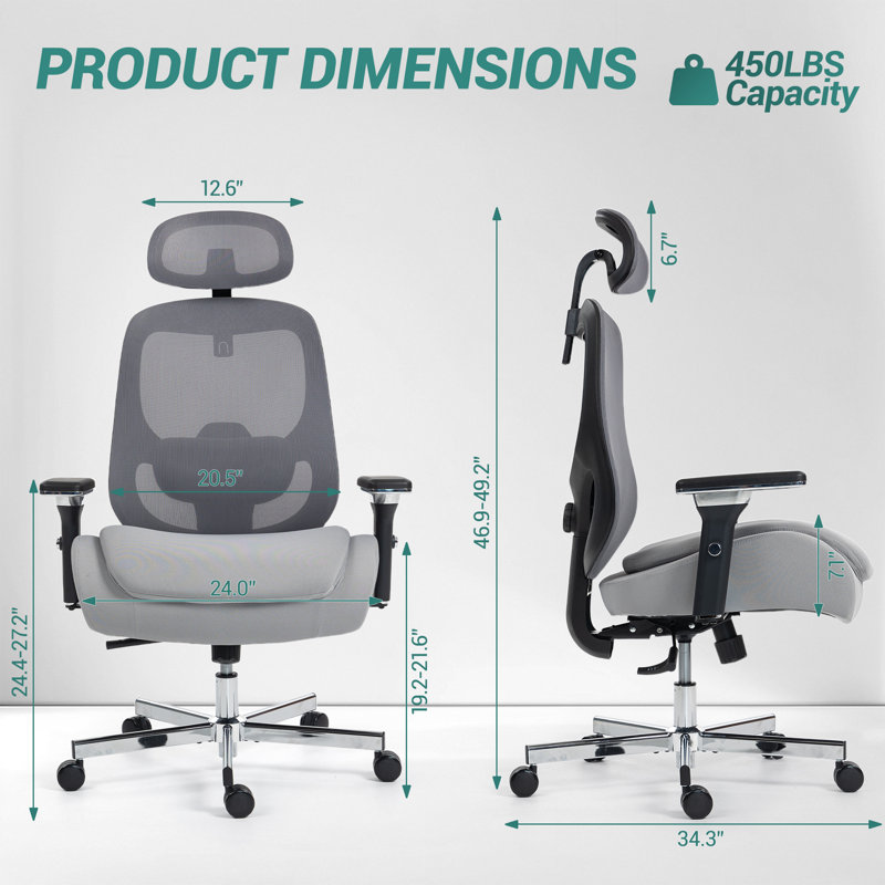 Chaise de bureau ergonomique en filet, chaise de bureau confortable, grande et haute chaise de bureau de direction avec accoudoirs 4D, soutien lombaire en 2 dimensions, appui-tête réglable, gris