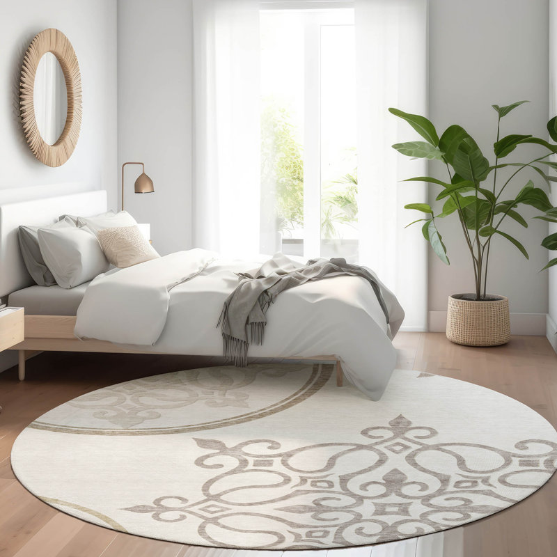 Premium Machine Washable Prisco Ivory Rug, Round 8'