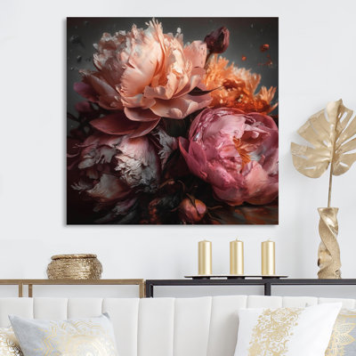 Orange rose, pivoines en fleurs - pivoines, reproduction d'art sur toile encadrée