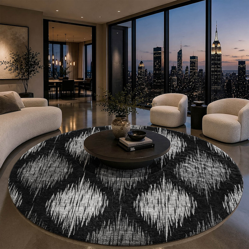 Tapis Ikat ADS848 de qualité supérieure lavable à la machine, Noir, Rond 8 pi