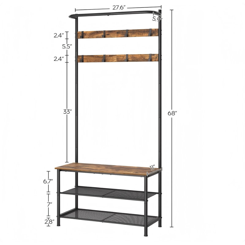 Hall Tree, Coat Rack With Shoe Bench, 4-In-1 Entryway Bench With Storage Shelves, Hanging Rod And 8 Movable Hooks, Hall Tree With Storage Bench For Hallway