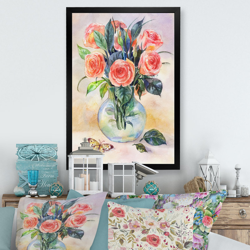 Bouquet rétro de roses roses - peinture sur toile, H 20 po x l 12 po x P 1 po, Cadre noir