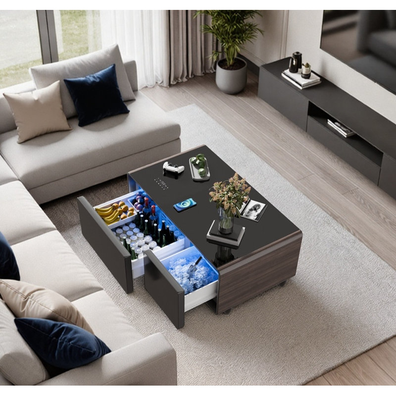 Modern Smart Coffee Table with Built-in Fridge & Freezer Drawers, Bluetooth Speaker, Wireless Charging, Touch Control, USB Port & Power Outlet, LED Atmosphere Light