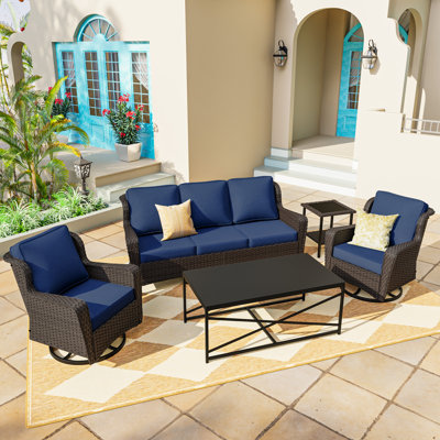 5-Person Outdoor Patio Conversation Seating Group Swivel Chairs With Coffee Table And Blue Cushions