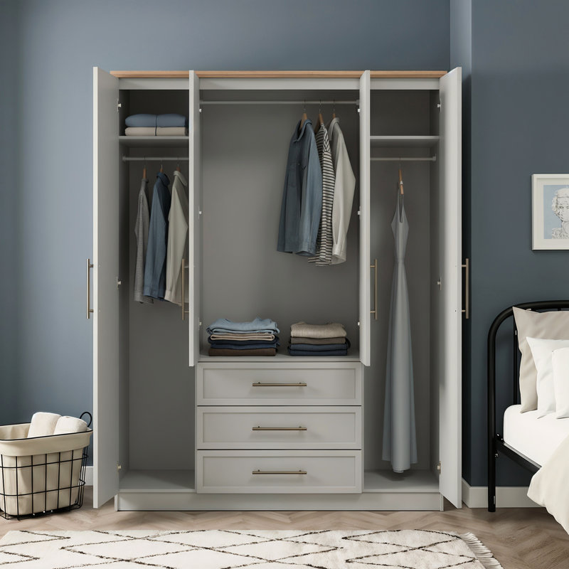 Cleverton Tellys 4 Door 3 Drawer Wardrobe with Mirror, Light Grey