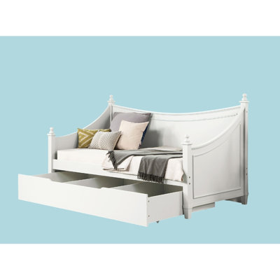 Transitional Design White Twin Daybed, Molding Design, Poster With Finials, Solid Wood And Engineered Wood, Mattress Ready Option For Living Areas Daybed Featuring