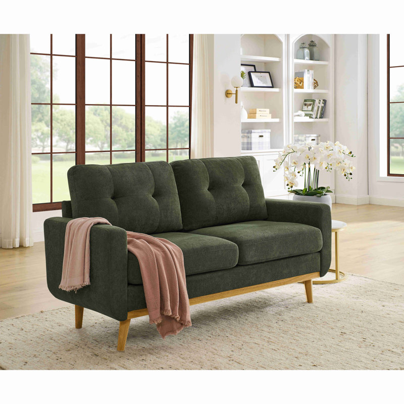 Canapé capitonné 67,7 po de largeur Mid-Century avec pieds en bois, Vert antique