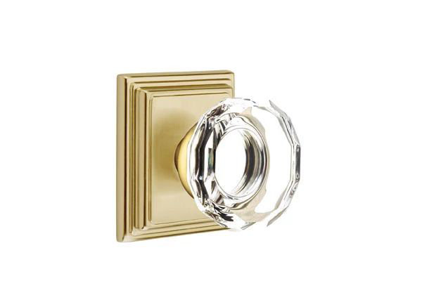Ensemble de mortaise intérieure Emtek Passage avec rosette Wilshire et bouton de verre Lowell (LH), Laiton satiné