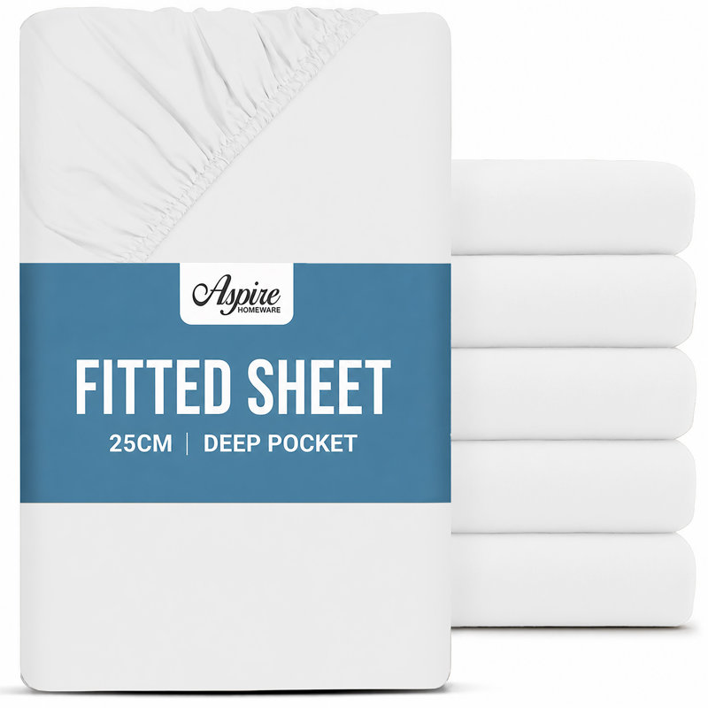 Aspire Homeware White 25cm Deep Fitted Sheets Pack of 6 with Elasticated Edges, King (152cm W x 200cm L)