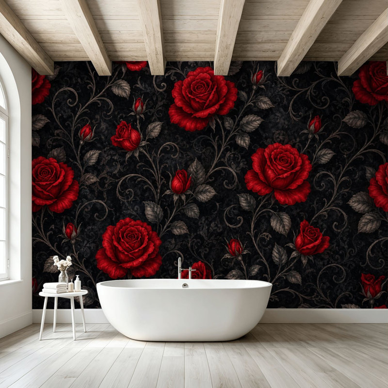 Papier peint adhésif pelez et collez Roses rouges ornées de noir, art mural autoadhésif et amovible, 99.6" L x 144" W