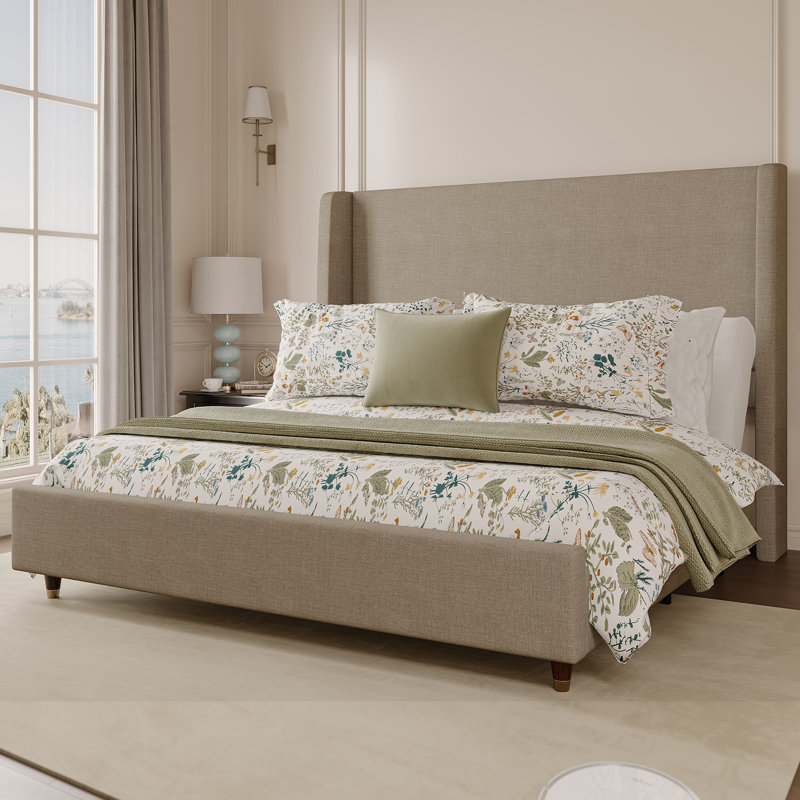 Smart Adjustable Bed Frame / 50" Upholstered Wingback Headboard / No Box Spring Needed, Queen, Khaki