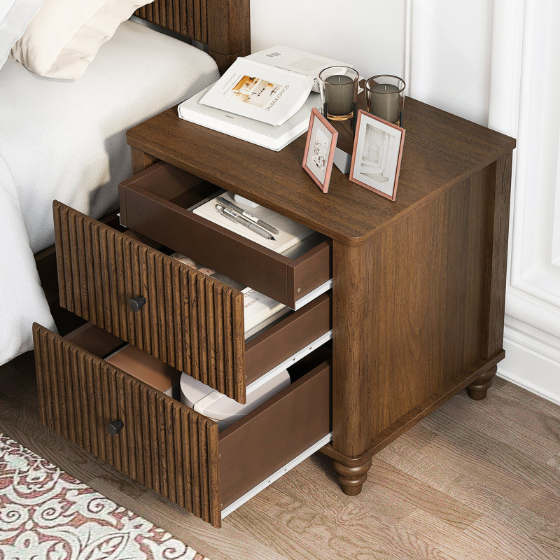 Ensemble de chambre à coucher 3 pièces avec lit et 2 tables de chevet, Noyer, Grand lit