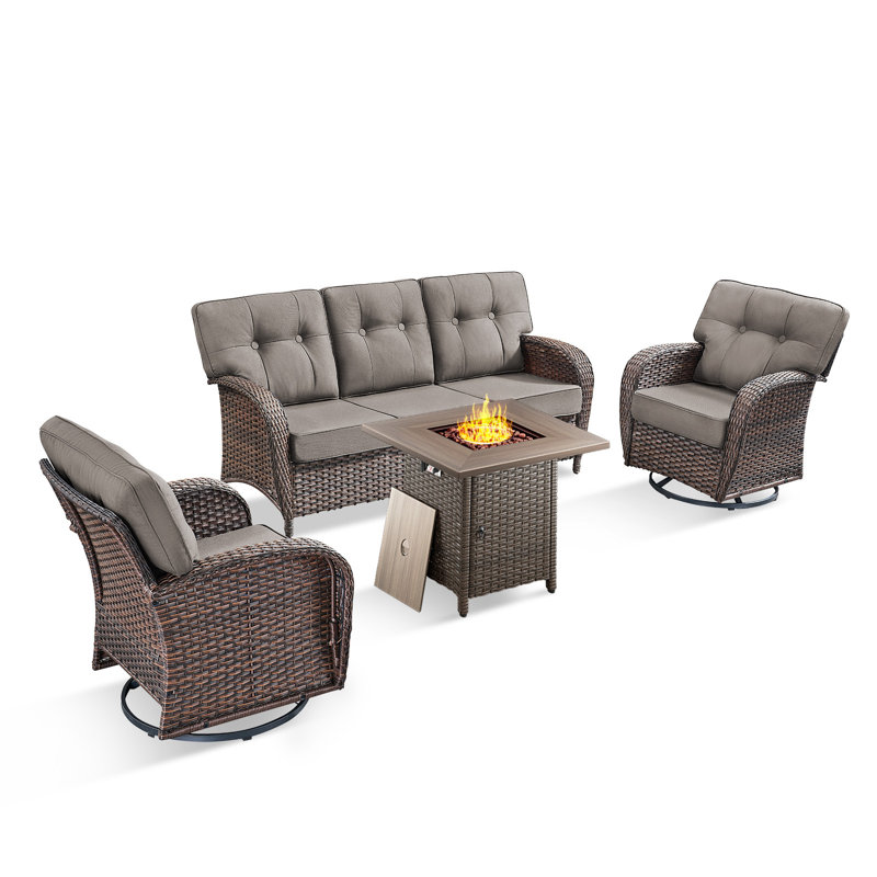 Teebeck 4-Piece Wicker Rattan Patio Conversation Set With Square Fire Pit Table And Swivel Chairs, Gray