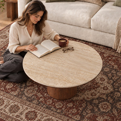 35.43" Mid Century Modern Round Wood Coffee Table with Beige Sintered Stone Table Top, Solid Wood Veneer