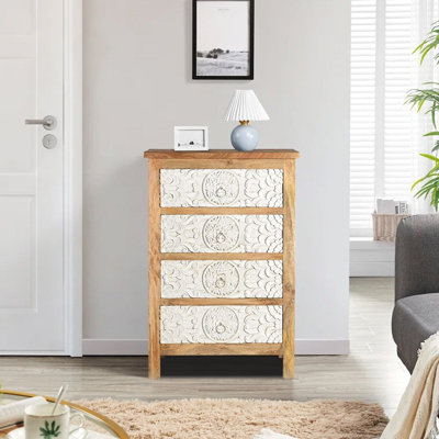 Table de chevet Shabby Chic 4 tiroirs en bois de manguier, blanc vieilli Boho