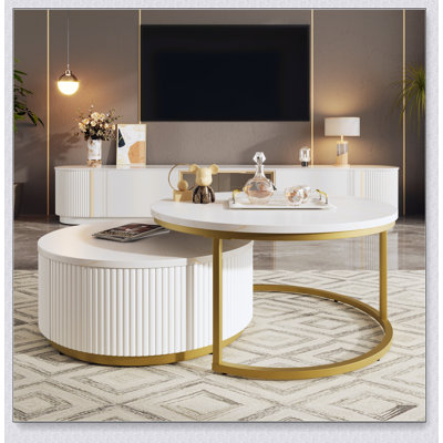 Modern Round Nesting Coffee Table Fluted with Drawer in White & Gold in 31.5''