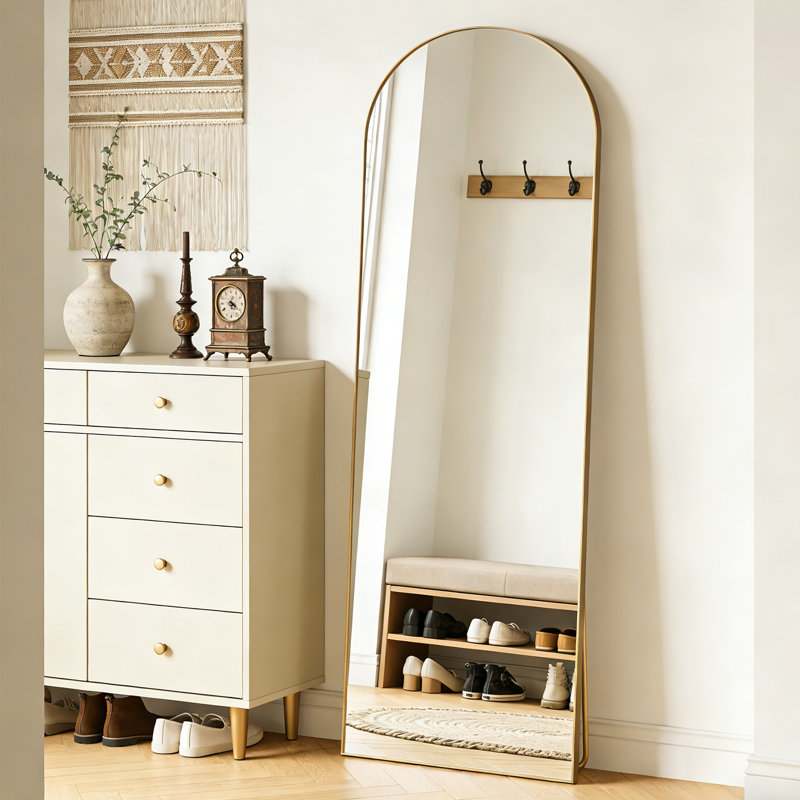 Miroir arqué pleine longueur, cadre en alliage d'aluminium, miroir de plancher en verre trempé, 64 po x 21 po, Laiton brossé