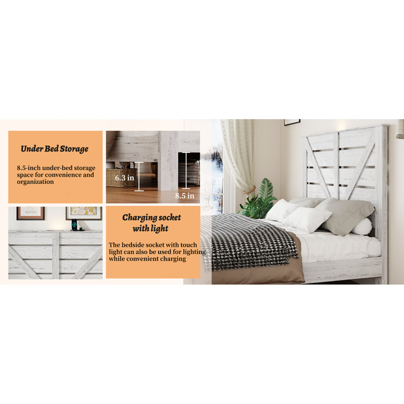 Très grand lit plateforme en bois, Blanc, Très grand
