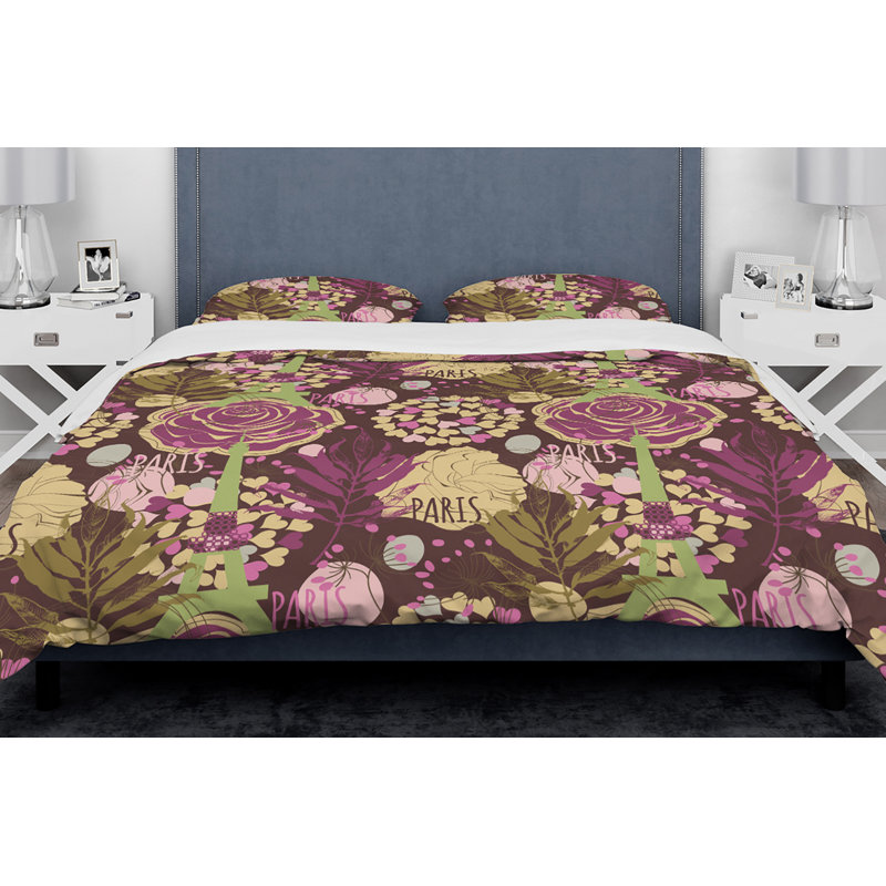 Ensemble de housse de couette designart rétro paris et roses avec coeurs, Housse de couette très grand + 2 taies décoratives