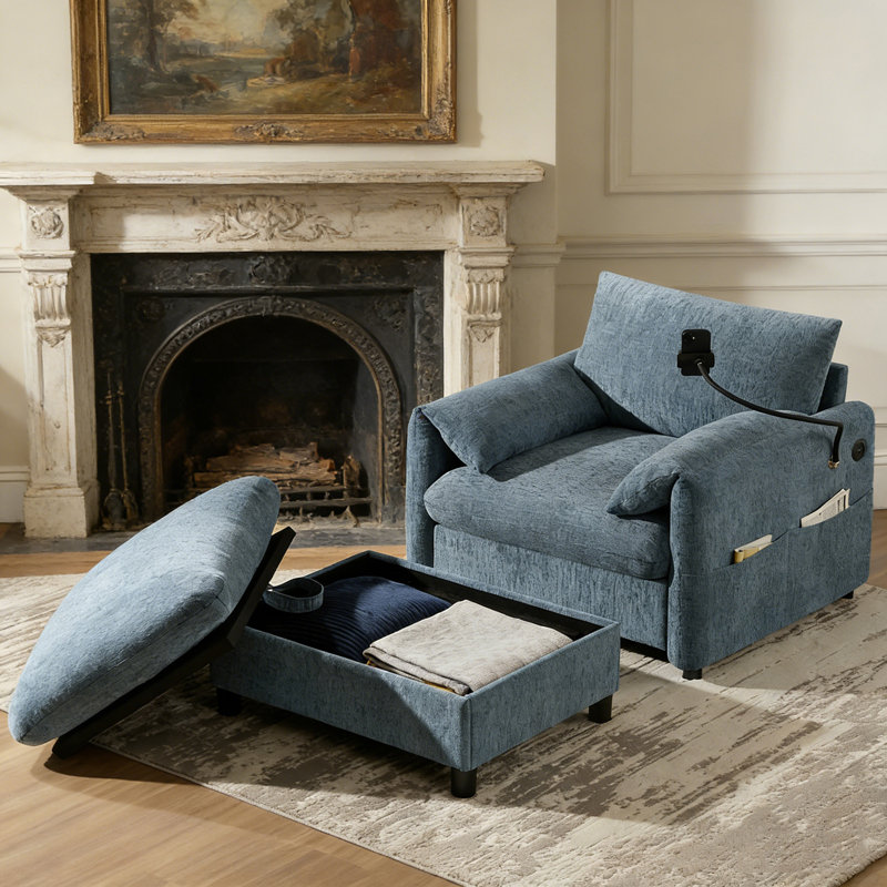 Canapé simple avec repose-pieds et poches de rangement, Bleu