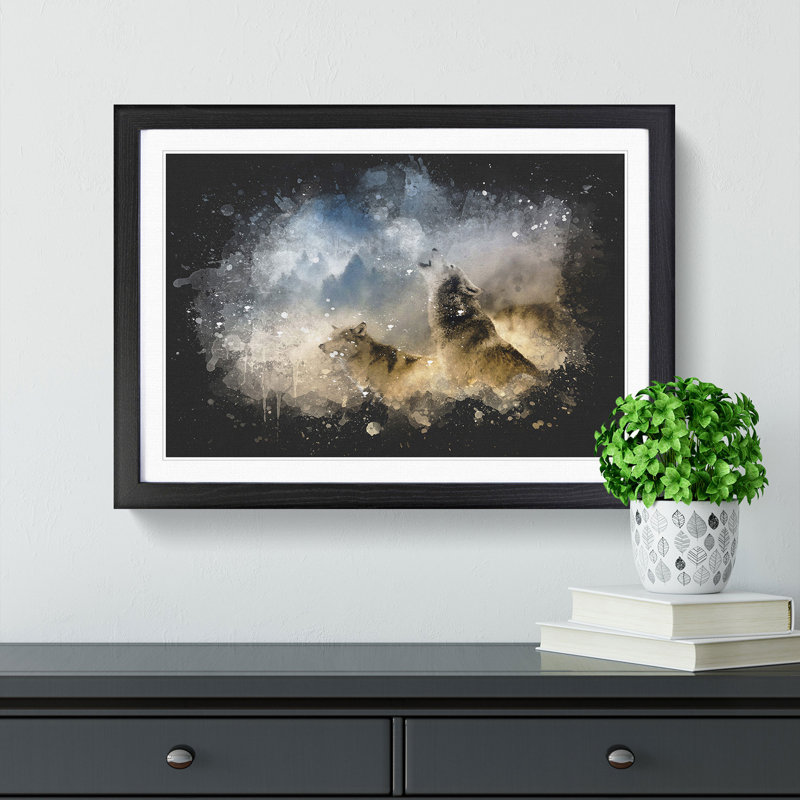 Wolves Howling In The Forest - Single Picture Frame Painting on MDF, 62cm H x 87cm W x 2cm D, Black Framed