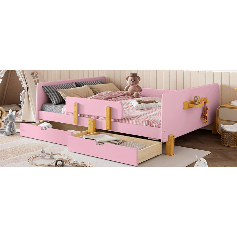Lit plateforme double rose avec tiroirs de rangement, structure en bois massif, rail et tablette pour garde-corps en pin
