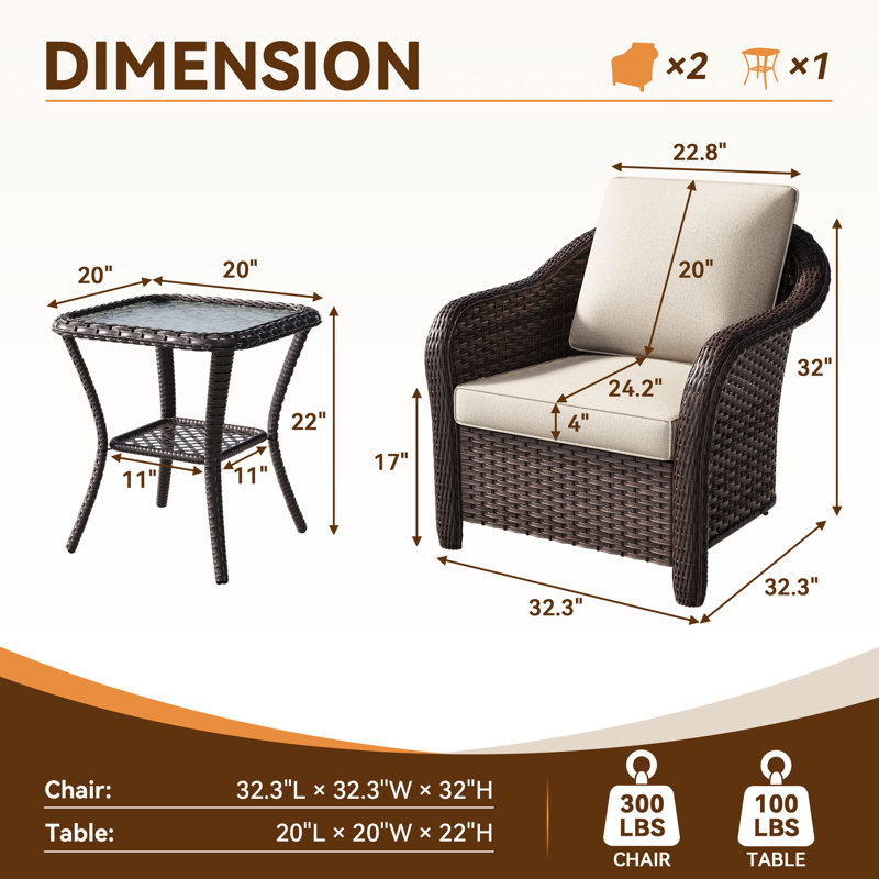 Ensemble de patio extérieur en osier 3 pièces avec 2 chaises, une table d'appoint et un coussin beige, Beige