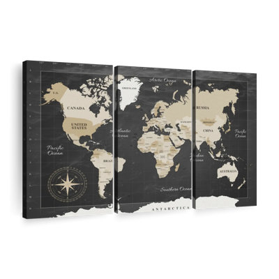Carte du monde sur toile foncé 3 pièces